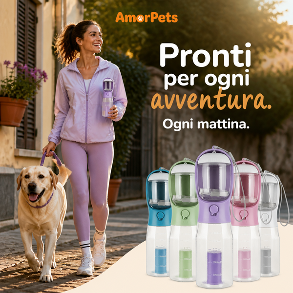 Borraccia 3 in 1 per Cani — Acqua, Cibo e Sacchetti in Tasca