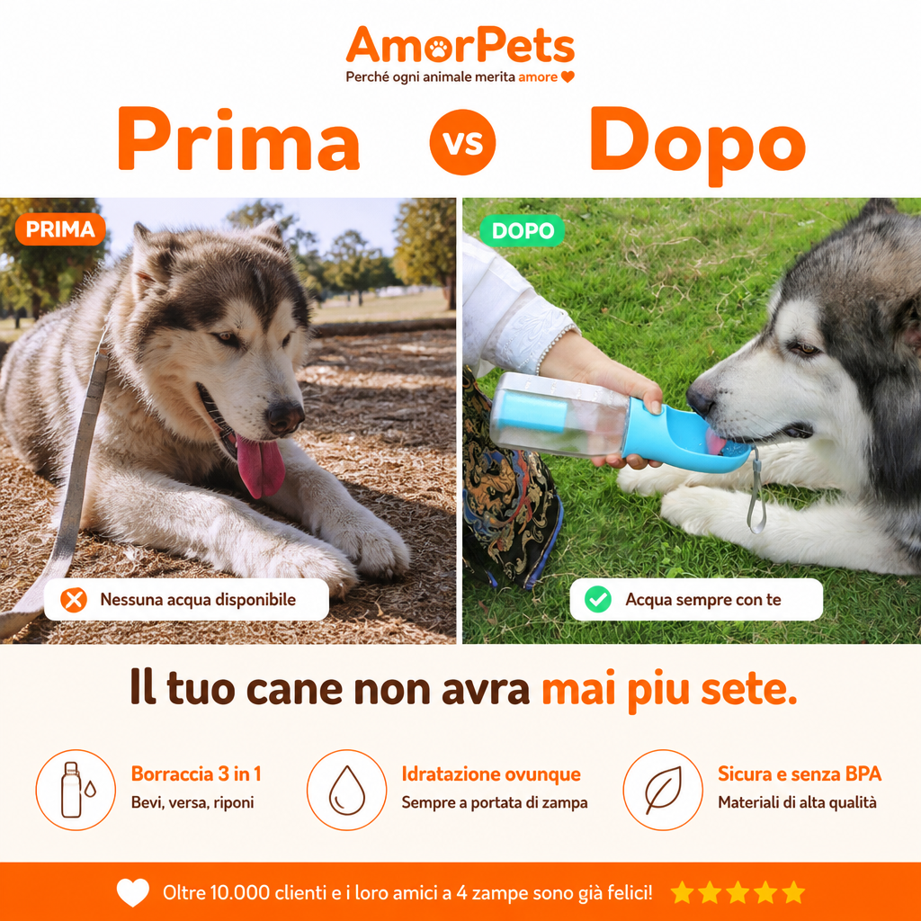 Borraccia 3 in 1 per Cani — Acqua, Cibo e Sacchetti in Tasca