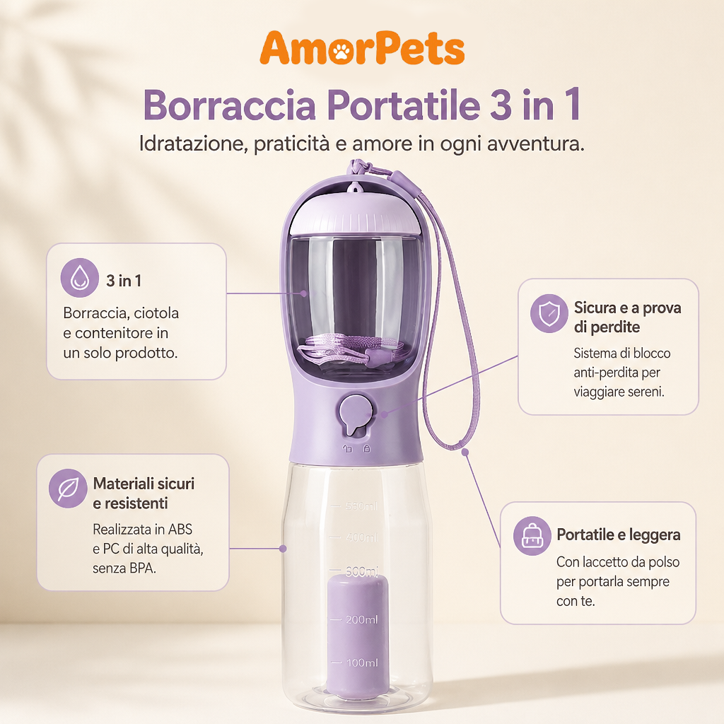 Borraccia 3 in 1 per Cani — Acqua, Cibo e Sacchetti in Tasca