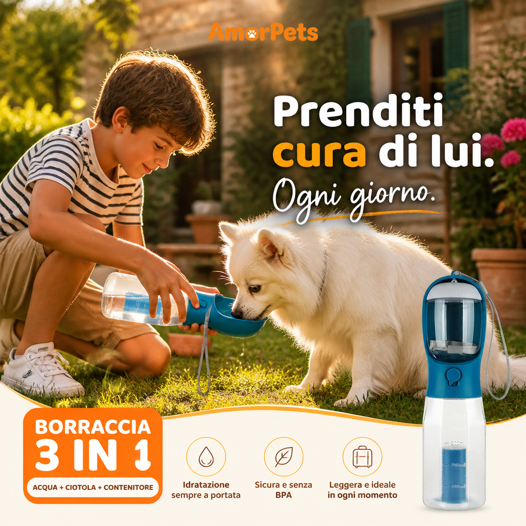 Borraccia 3 in 1 per Cani — Acqua, Cibo e Sacchetti in Tasca
