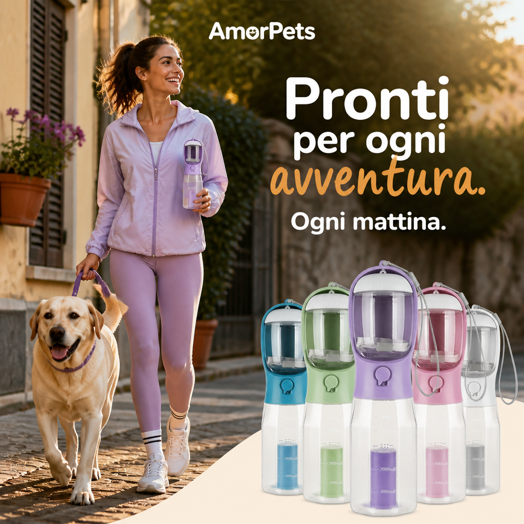 Borraccia 3 in 1 per Cani — Acqua, Cibo e Sacchetti in Tasca