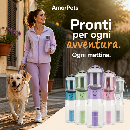 Borraccia 3 in 1 per Cani — Acqua, Cibo e Sacchetti in Tasca